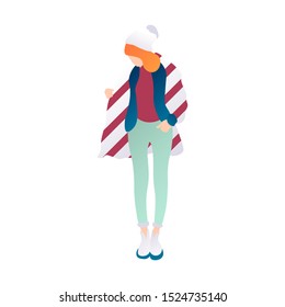 Girl in warm clothes. Flat vector illustration