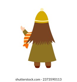 Girl in warm clothes with scarf on her hand and wear a hat isolated on white background. Black view flat vector.
