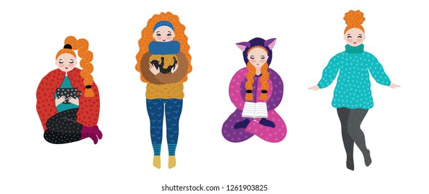 Girl in warm clothes spending autumn or winter weekend at home - drink tea, play with cat, reading books, dancing. Hand drawn cute cartoon character. Freehand style. Relaxation and comfort. Vector