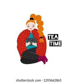 Girl in warm clothes spending autumn or winter weekend at home - drink tea. Hand drawn cute cartoon character. Freehand style. Relaxation and comfort. Card, poster, print on clothes. Vector, eps10