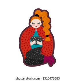 Girl in warm clothes spending autumn or winter weekend at home - drink tea. Hand drawn cute cartoon character. Freehand style. Relaxation and comfort. Card, poster, print on clothes. Vector, eps10