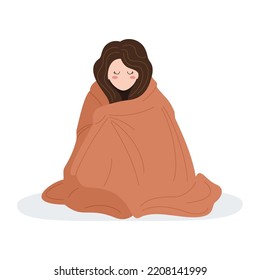 Girl in warm clothes and warms herself under a blanket. Cold temperature in the apartment. Saving energy resources. Crisis and economy concept. Vector illustration.