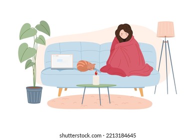 Girl in warm clothes and warms herself under a blanket. Cat lies. Cold temperature in the apartment. Saving energy resources. Crisis and economy concept. Vector illustration.