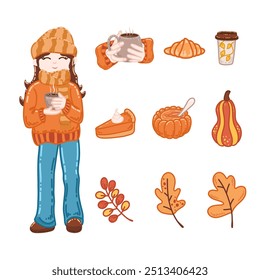 Chica con café caliente en bufanda de otoño y sombrero. Ilustración para imprimir, tarjetas, saludos, vacaciones.