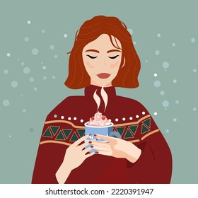 A girl in a warm cosy winter sweater holds a cup of hot cocoa with marshmallow. Vector illustration of the concept of a cosy winter, Christmas or New Year. Woman background of falling snow 