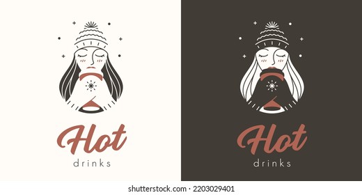 A girl in a warm hat and gloves drinks coffee or tea from a disposable paper cup. Vector illustration of hot drinks logo.