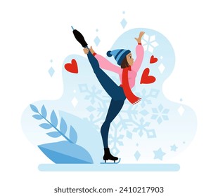 A girl in a warm hat has lifted her leg high and is skating on the ice. Figure skating is a winter sport. Flat vector illustration