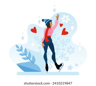 A girl in a warm hat and skates stands on the ice and waves her hand in greeting. Figure skating is a winter sport. Flat vector illustration