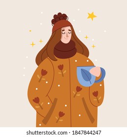 Una chica con una abrigada chaqueta caliente toma té, vino o café. Felices vacaciones de invierno. Ilustración del libro infantil. Ilustración simple.
Afiche lindo.
Estilo escandinavo .Minimalismo . Naturaleza.