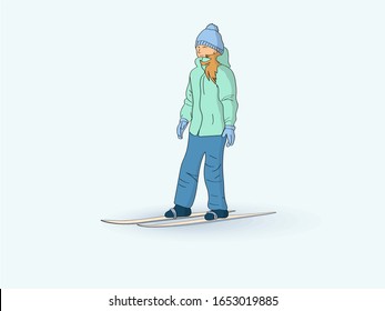 Girl in a warm jumpsuit on skis. A child learns to ski. Winter sport.