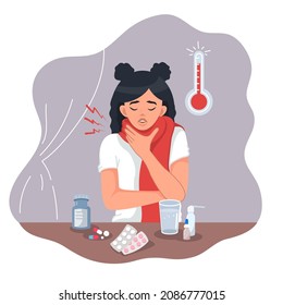 A girl in a warm scarf holds a sore throat. A young woman with a sore throat, surrounded by medicines and pills. Flu, viral illness, cold. Vector illustration