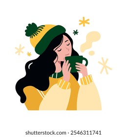 A girl in a warm sweater drinks hot tea. Winter flat illustration. Christmas, New Year concept. Vector isolated on white.