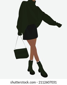 A girl in a warm sweater, a gray mini skirt, boots and a bag. Vector flat image of an attractive lady. Design for postcards, posters, backgrounds, avatars, templates, textiles.
