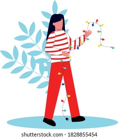 A girl in a warm sweater is holding a garland, a Christmas colored garland. Flat style