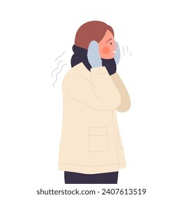 Girl in warm winter outfit feeling cold. Young woman feeling shiver cartoon vector illustration