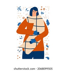 The girl is warmed by a large scarf in winter or autumn. Cozy vector illustration in flat style hand drawn