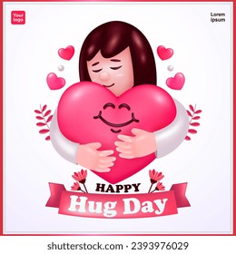 A girl warmly hugging a cute heart, 3d vector. Suitable for self-care, happiness, family love and couples
