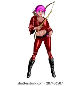 girl warrior with a dagger in hand and bow isolated on white background