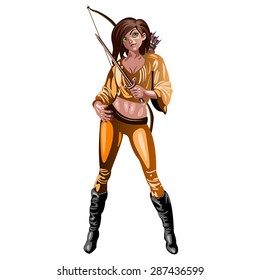 girl warrior with a dagger in hand and bow isolated on white background