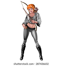girl warrior with a dagger in hand and bow isolated on white background