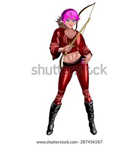 girl warrior with a dagger in hand and bow isolated on white background