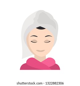 Girl with washed hair in a towel color vector icon. Flat design