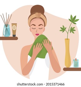 Girl washes in the bathroom, wipes her face with a towel. On the shelves are cream, aroma sticks, cosmetics, a candle, a flower in jars and tubes. Vector illustration isolated on a white background.