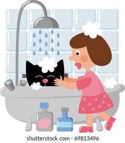 The girl washes the cat