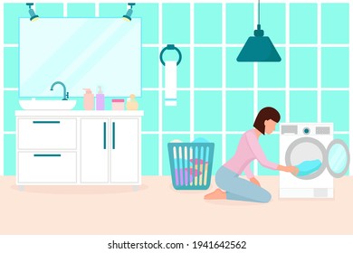 The girl washes clothes. The woman in the bathroom washes clothes in the washing machine. Housework, housekeeping.Vector.