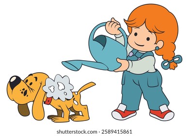 Girl washes dog from watering can. Illustration concept template for website, web landing page, banner, presentation, social, poster, promotion or print media.