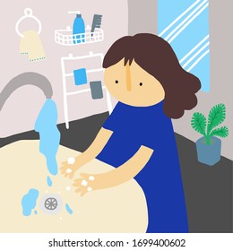 Das Mädchen wäscht die Hände während der Quarantäne, Vektorillustration.