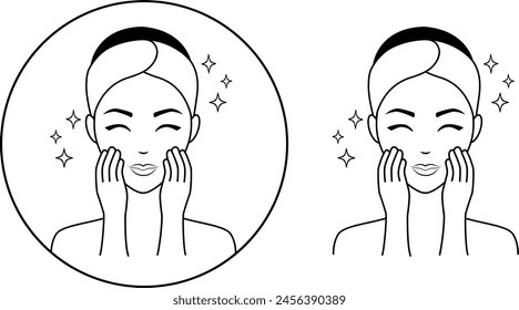 The girl washes her face after the mask. She attends beauty treatments, takes care of her face and skin.A skin care icon, an image of a woman's face on a transparent background. Vector icon.