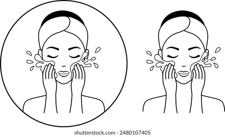 The girl washes her face after the mask. She attends beauty treatments, takes care of her face and skin.A skin care icon, an image of a woman's face on a transparent background. Vector icon.