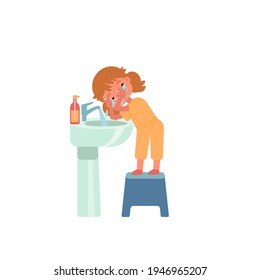 The girl washes her face and eyes under running water in the sink, standing on a stool. Hygiene. Flat cartoon vector illustration. Daily schedule. Bathroom, sink, tap.