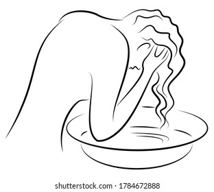 The girl washes her hair in a bowl. The lady is slim and beautiful. Vector illustration.