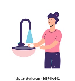 girl washes her hands to prevent coronavirus. Observe hygiene and keep clean. Vector illustration in a flat style: woman, washbasin, tap water