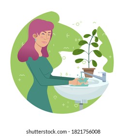 The girl washes her hands. Protecting your health from germs and viruses. Sink and faucet with open water. Vector illustration. Abstract background.