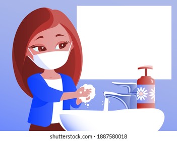 The girl washes her hands in the sink. Pandemic COVID-19. On the face a protective mask. Vector illustration about hygiene and infection prevention.