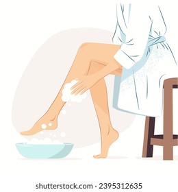 The girl washes her legs with a washcloth. Caring for your legs. A woman does skin care procedures against corns on her legs. Spa pedicure and pilling cream. Flat vector illustration.