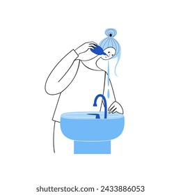 Girl washes her nose with spray in the bathroom. Vector illustration about health.