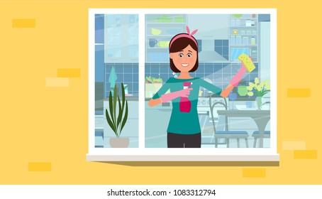The girl washes the window in the apartment. Vector flat illustration.
