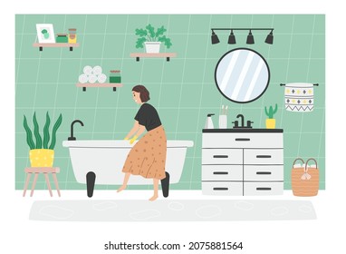 Girl washing bathtub in fashionable bathroom. Vector illustartion in flat style