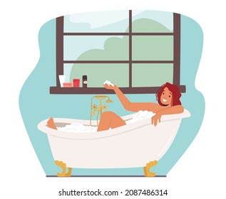 Girl Washing Body Sitting in Foamy Bath Tub with Bubbles. Young Woman Relaxing in Bathtub with Foam and Cosmetics. Happy Female Character Hygiene and Beauty Procedure. Cartoon Vector Illustration
