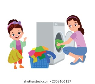 girl washing clothes with washing machine