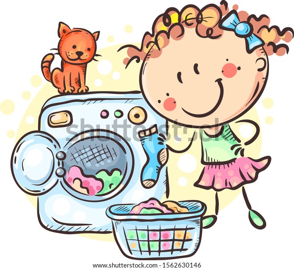 Girl washing clothes with a washing machine, cartoon drawing