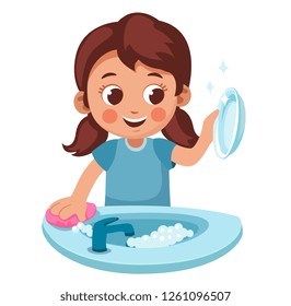 girl washing dishes and admiring a clean plate.