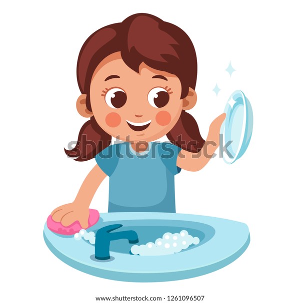 Girl Washing Dishes Admiring Clean Plate Stock Vector (Royalty Free ...