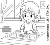 Girl washing dishes coloring pages for kids.vector illustration isolated on white background.