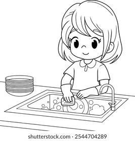 Girl washing dishes coloring pages for kids.vector illustration isolated on white background.