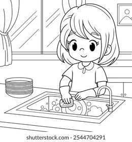 Menina lavando pratos colorindo páginas para Kids.vetor ilustração isolado no fundo branco.